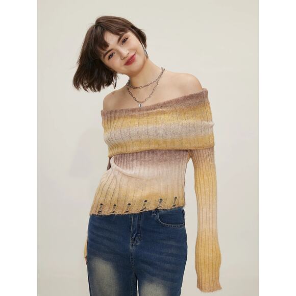 Commense Beige Yellow Wool Ombre Off The Shoulder Knit Long Sleeve Sweater Top S - Picture 1 of 7